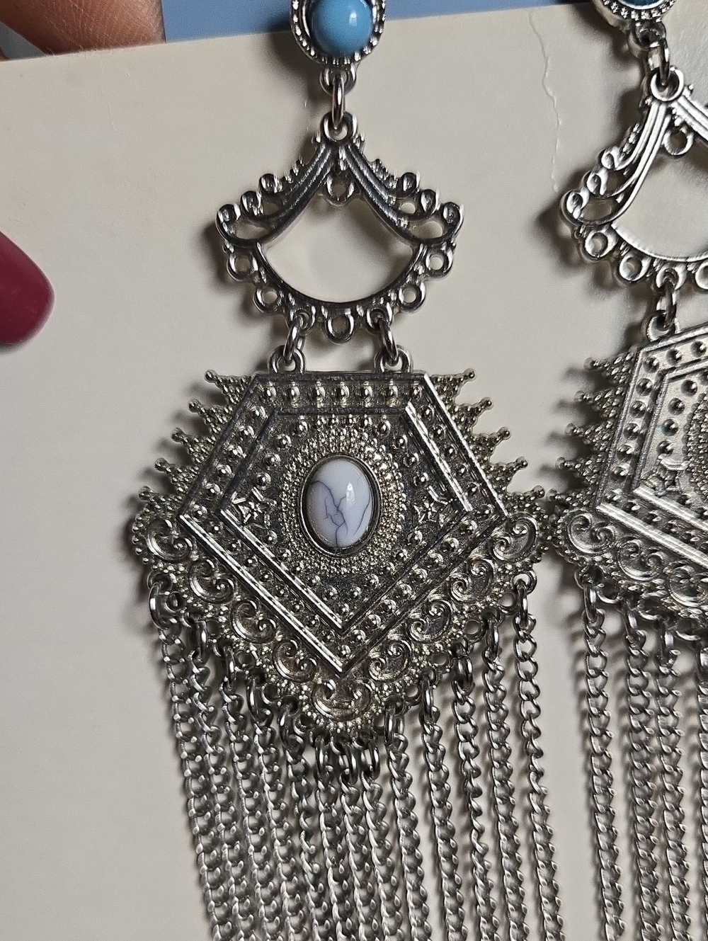 Vintage Silver Filigree Chandelier Earrings with Fuax Turquoise Studs - Picture 10 of 15